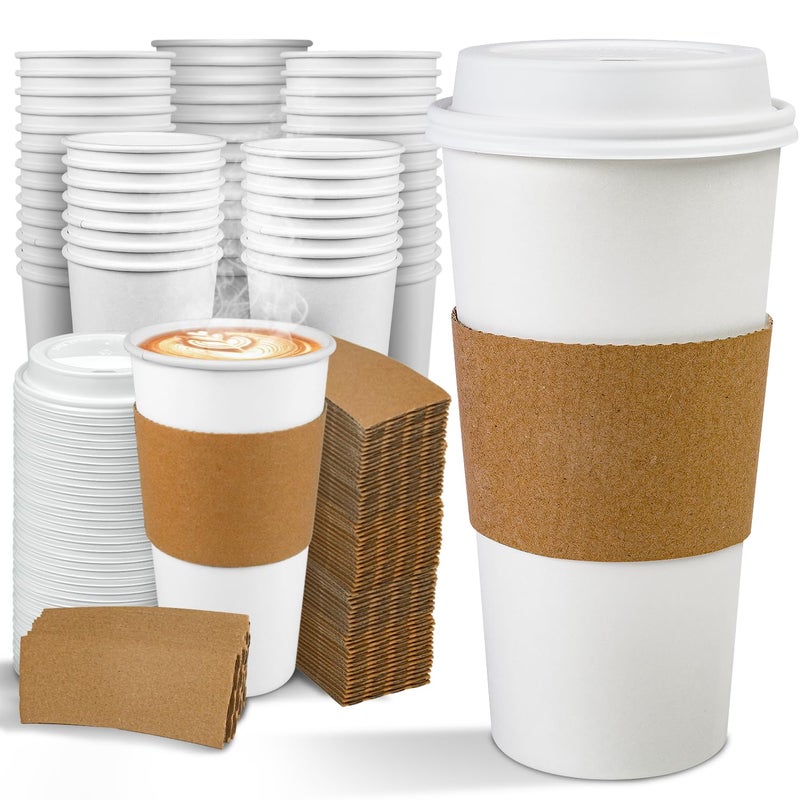 Ginkgo 100 Pack 20 oz Disposable Paper Coffee Cups with Lids and Sleeves To Go Hot Coffee Cups for Business Office Cafes and Parties